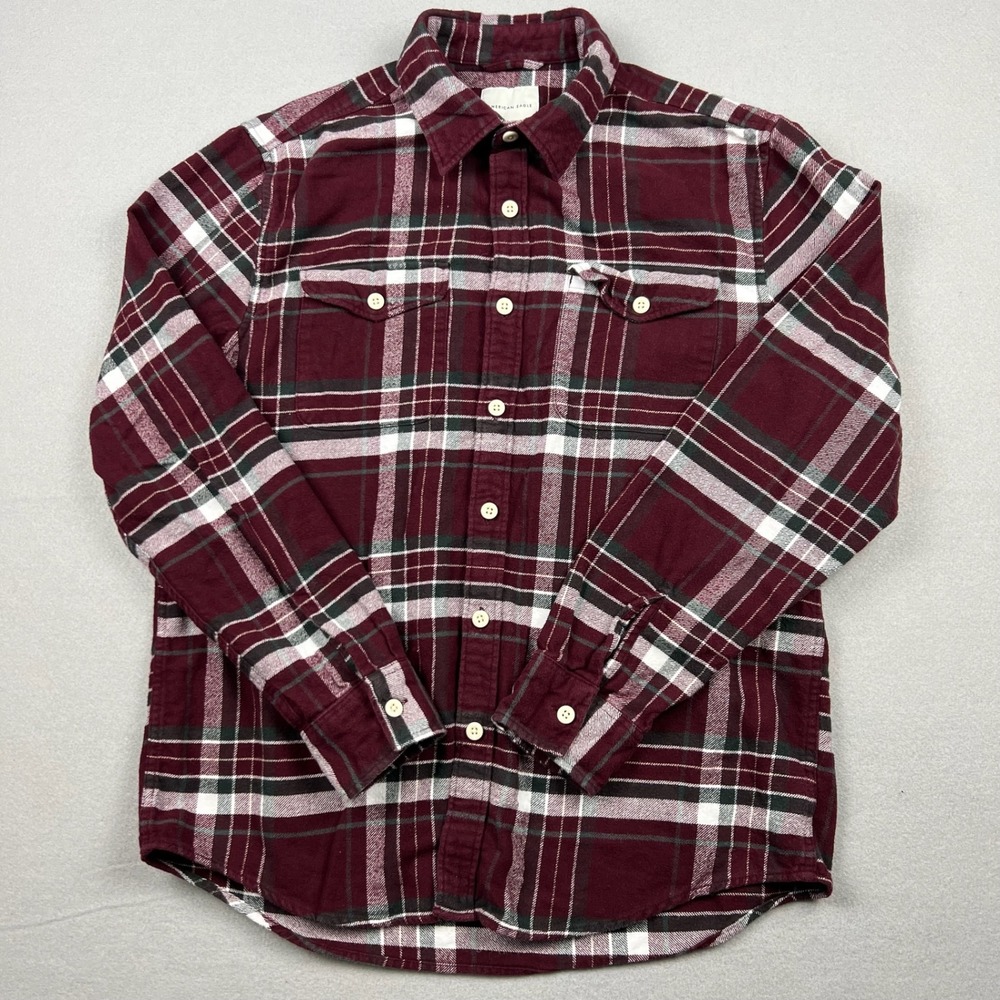 American Eagle Men's Medium Super‎ Soft Plaid Burgundy Flannel Button Down Shirt